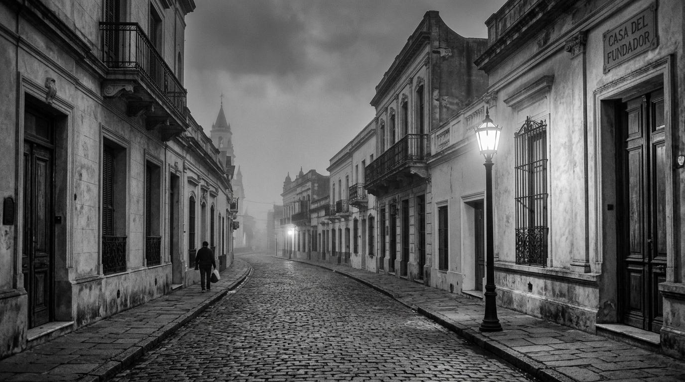 Calle colonial de adoquines con faroles históricos en Concepción del Uruguay