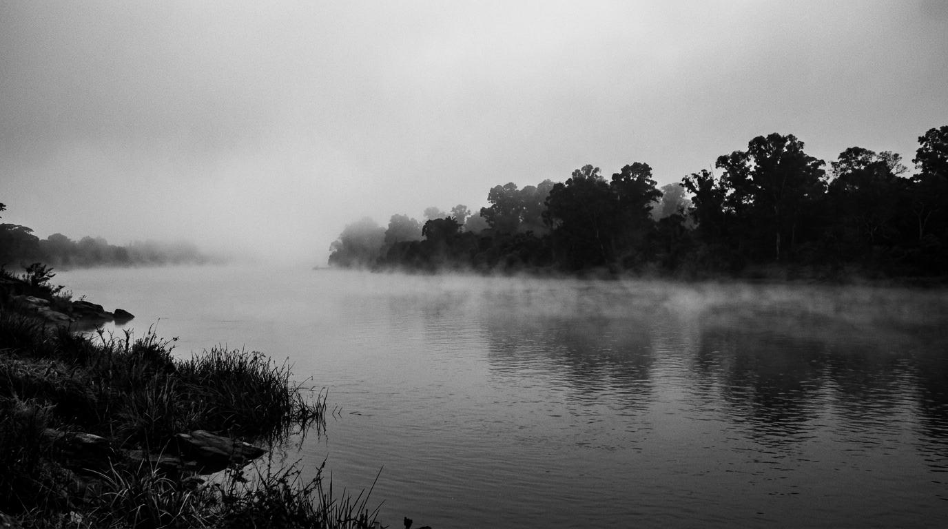 Paisaje brumoso y misterioso en el Río Uruguay al atardecer