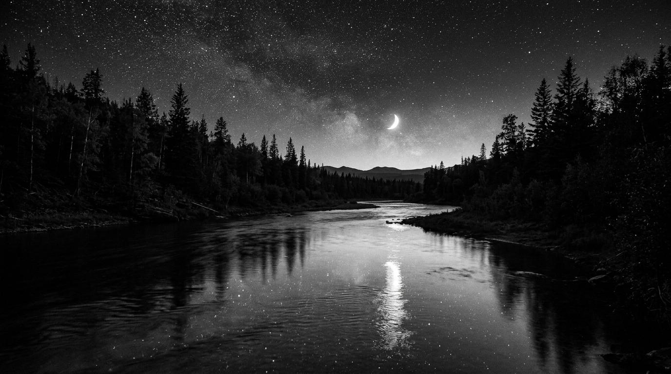 El Río Uruguay bajo un cielo estrellado y con reflejo lunar